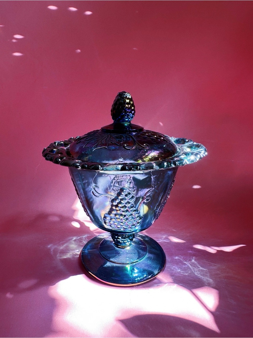 Indiana Iridescent Blue Carnival Glass Candy Dish Home Art Collectable